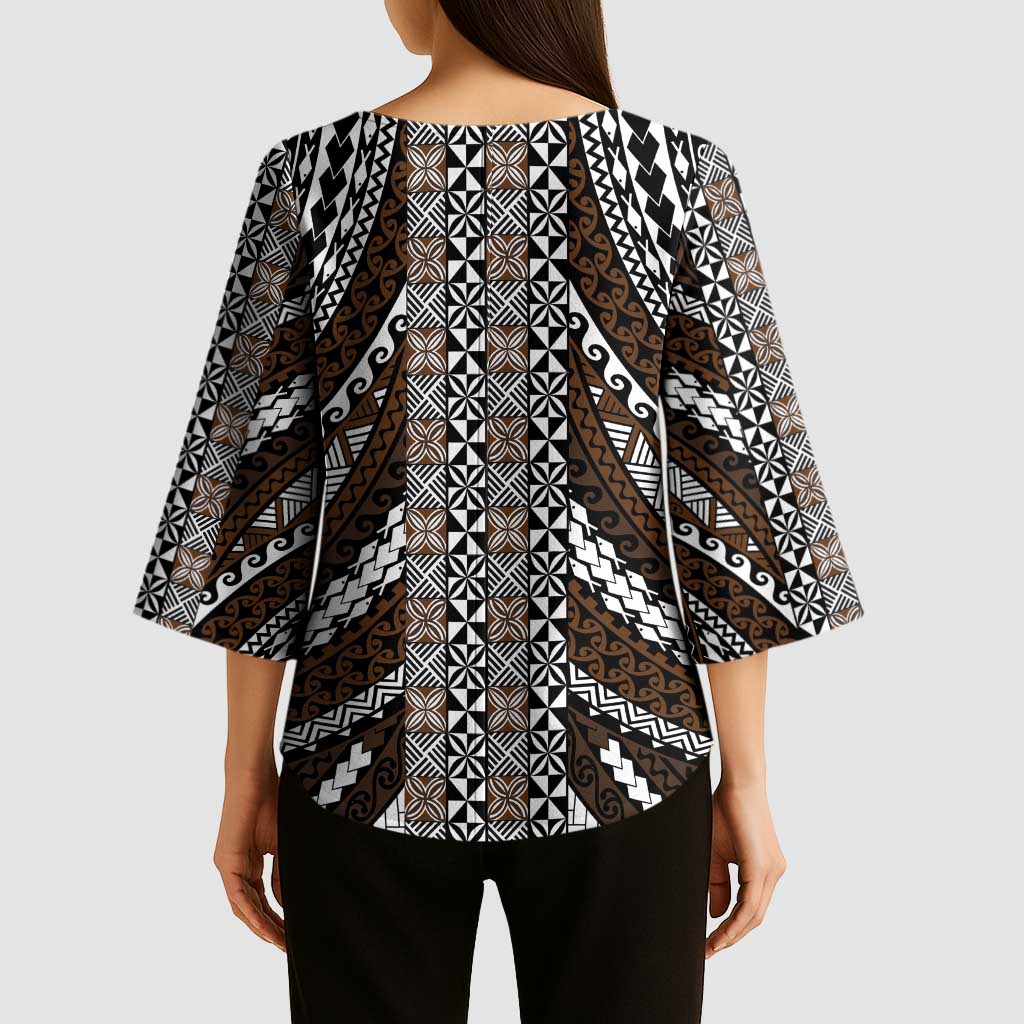 Brown Tongan Polynesian Tribal Kimono Sleeve Blouse - Polynesian Pride