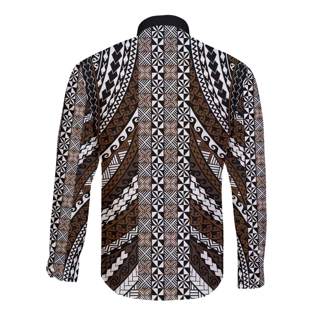 Brown Tongan Polynesian Tribal Long Sleeve Button Shirt - Polynesian Pride