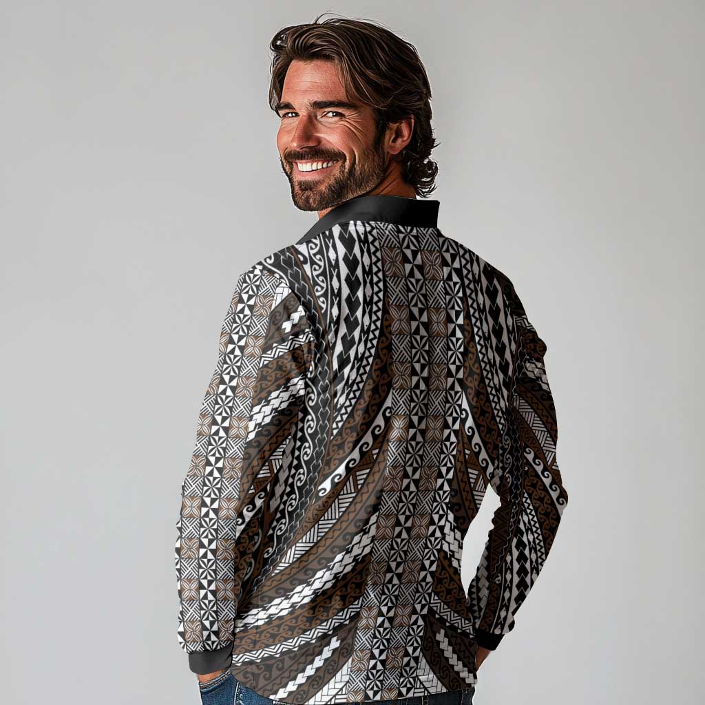 Brown Tongan Polynesian Tribal Long Sleeve Polo Shirt - Polynesian Pride