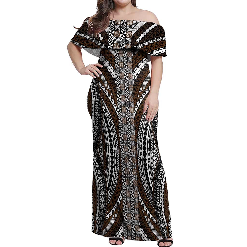 Brown Tongan Polynesian Tribal Off Shoulder Maxi Dress LT9 Women Brown - Polynesian Pride