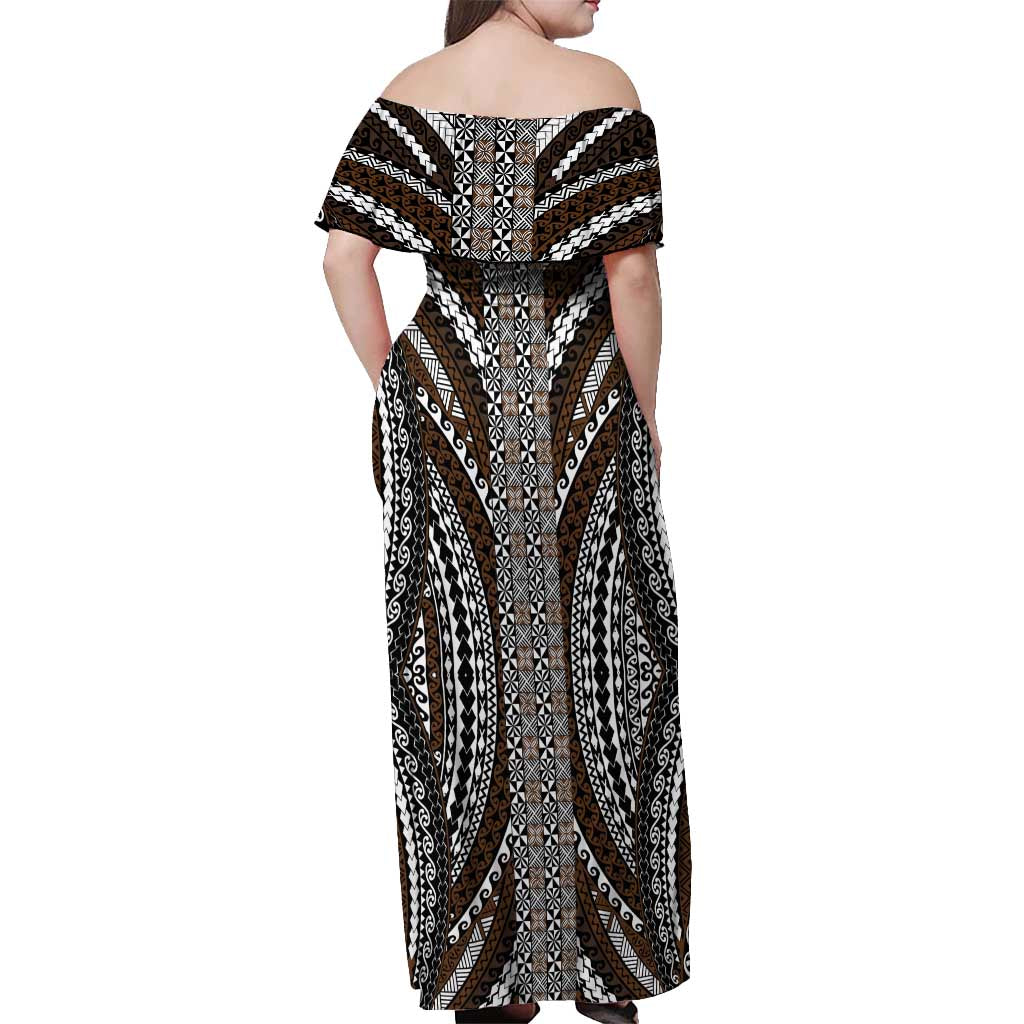 Brown Tongan Polynesian Tribal Off Shoulder Maxi Dress LT9 - Polynesian Pride