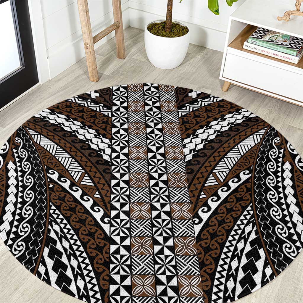Brown Tongan Polynesian Tribal Round Carpet - Polynesian Pride