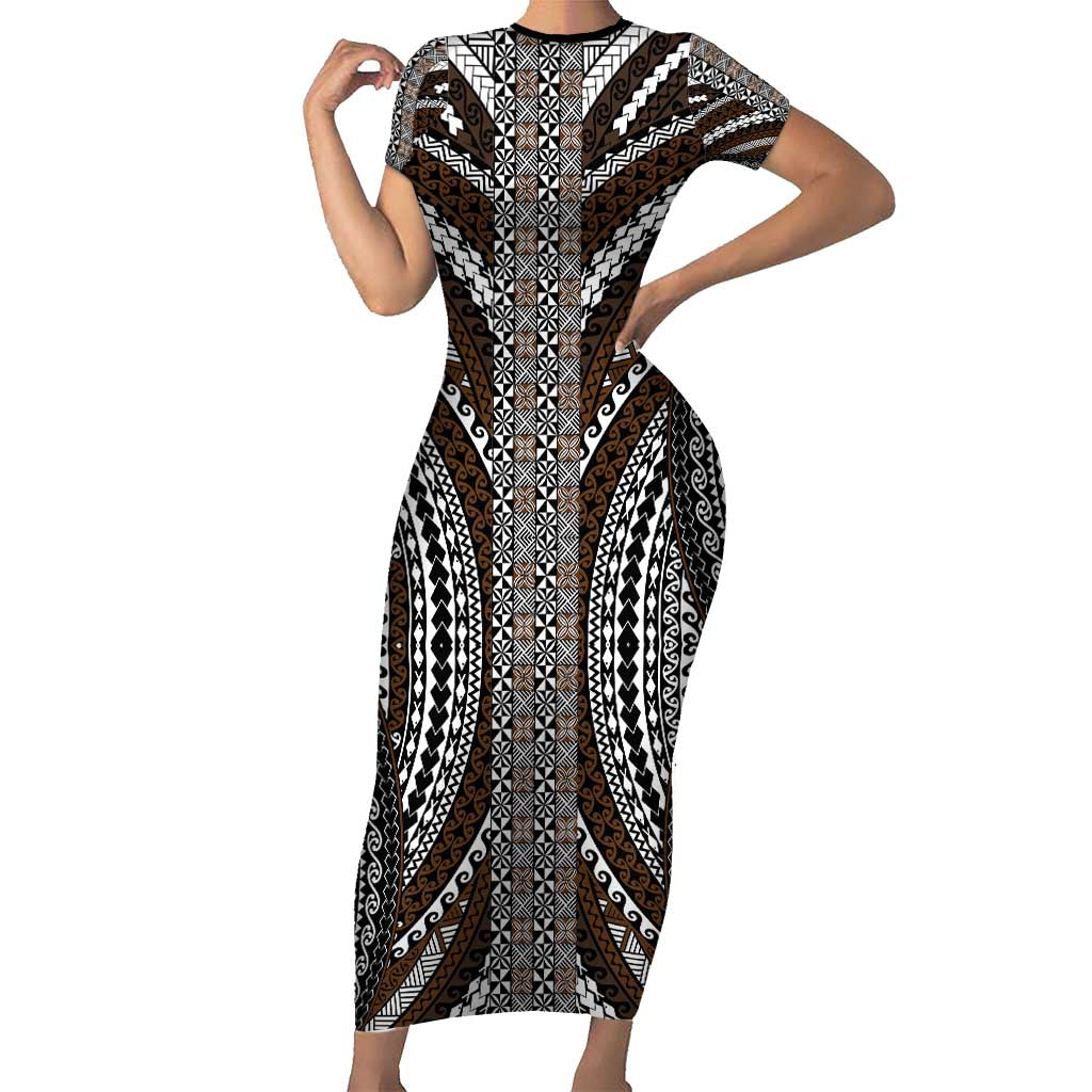 Brown Tongan Polynesian Tribal Short Sleeve Bodycon Dress - Polynesian Pride