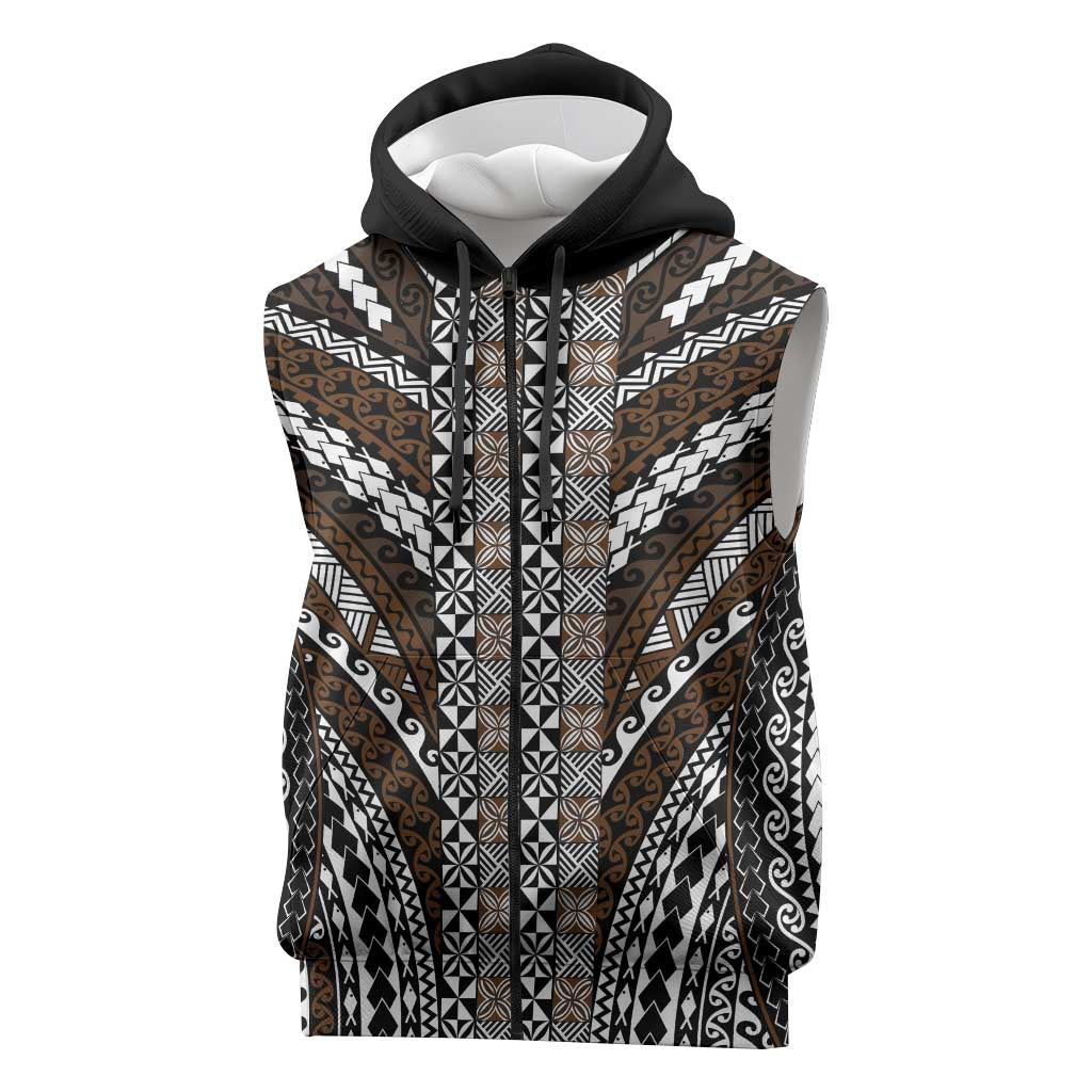 Brown Tongan Polynesian Tribal Sleeveless Zip Hoodie - Polynesian Pride