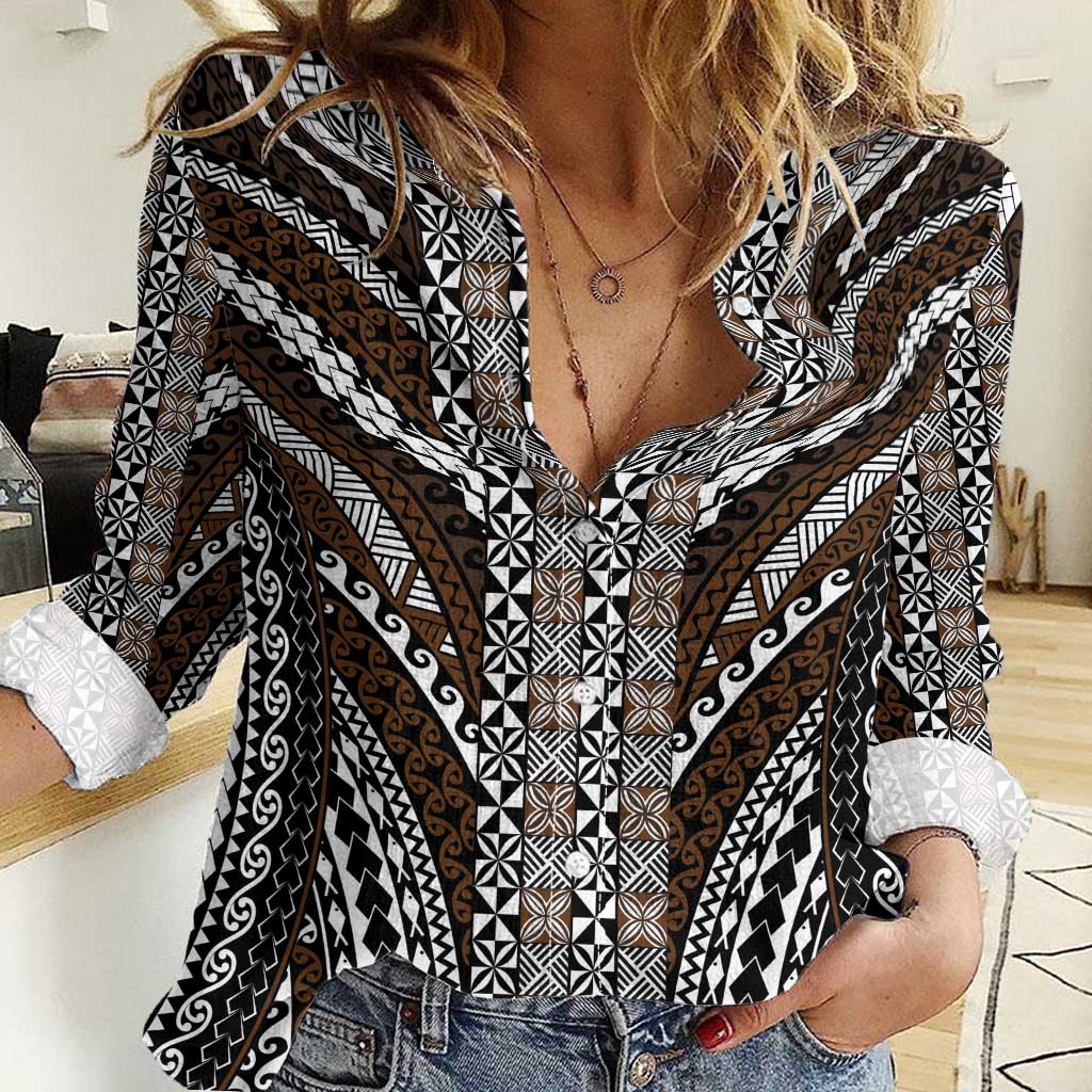 Brown Tongan Polynesian Tribal Women Casual Shirt - Polynesian Pride