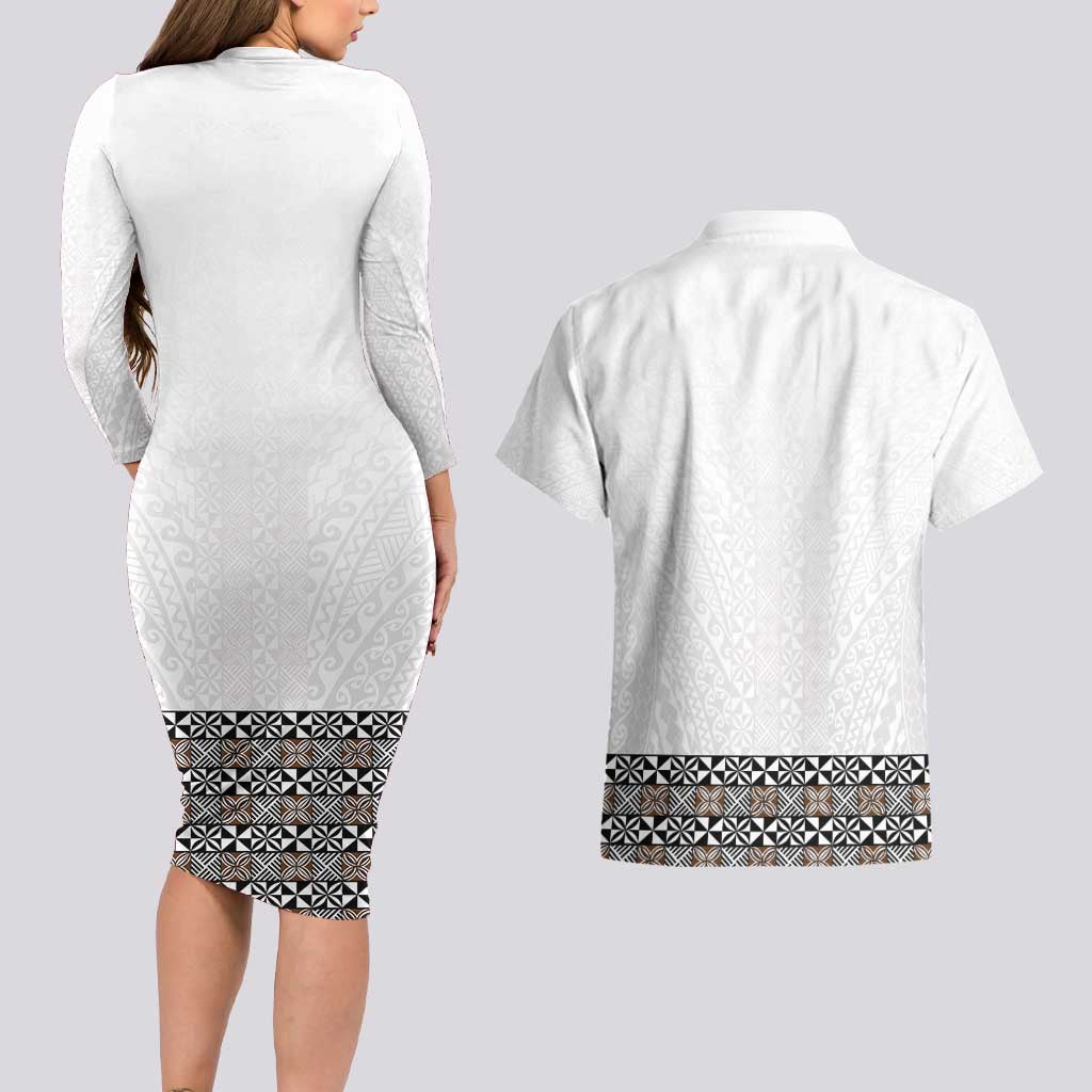Light Gray Tongan Polynesian Tribal Couples Matching Long Sleeve Bodycon Dress and Hawaiian Shirt - Polynesian Pride