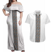 Light Gray Tongan Polynesian Tribal Couples Matching Off Shoulder Maxi Dress and Hawaiian Shirt - Polynesian Pride