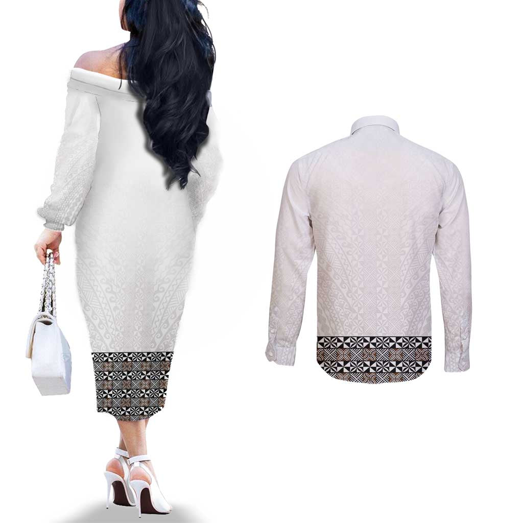 Light Gray Tongan Polynesian Tribal Couples Matching Off The Shoulder Long Sleeve Dress and Long Sleeve Button Shirt - Polynesian Pride