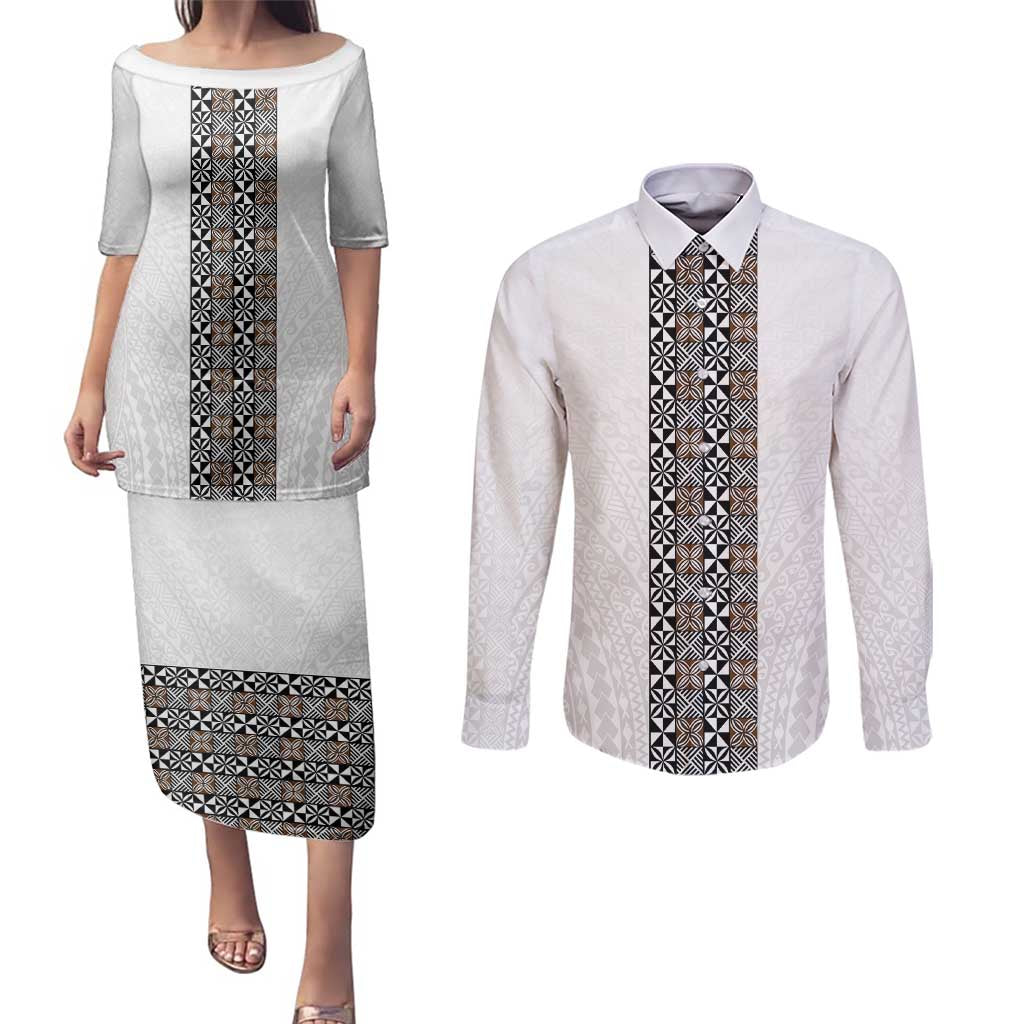 Light Gray Tongan Polynesian Tribal Couples Matching Puletasi and Long Sleeve Button Shirt - Polynesian Pride