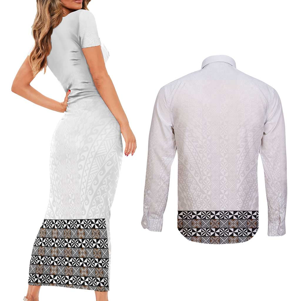 Light Gray Tongan Polynesian Tribal Couples Matching Short Sleeve Bodycon Dress and Long Sleeve Button Shirt - Polynesian Pride