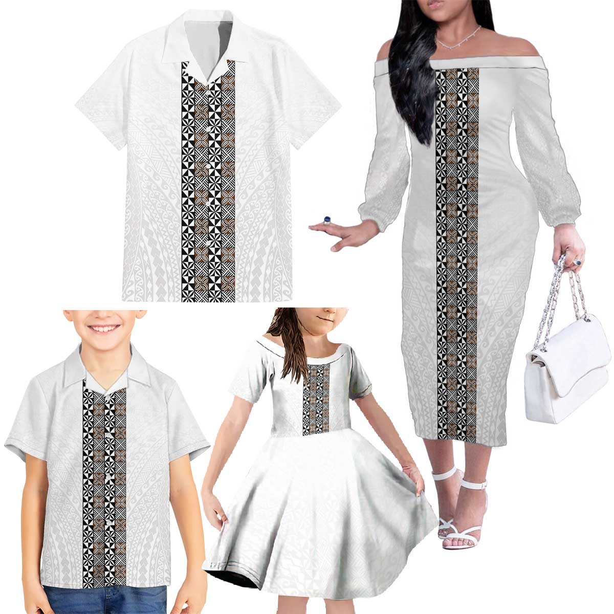 Light Gray Tongan Polynesian Tribal Family Matching Off The Shoulder Long Sleeve Dress and Hawaiian Shirt - Polynesian Pride