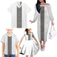 Light Gray Tongan Polynesian Tribal Family Matching Off The Shoulder Long Sleeve Dress and Hawaiian Shirt - Polynesian Pride