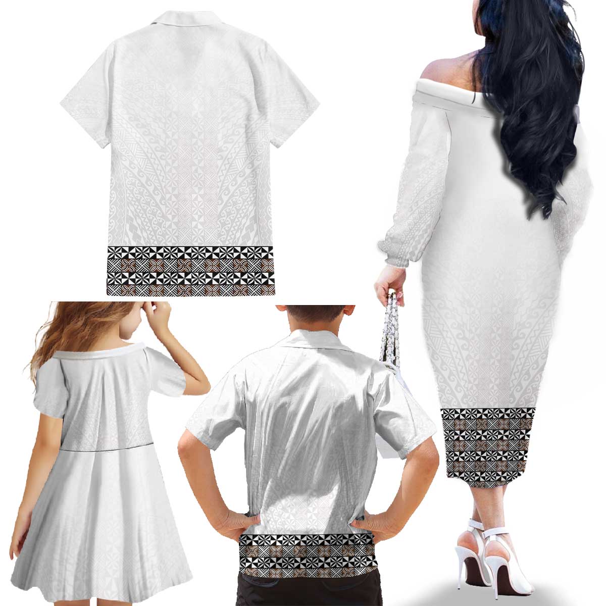Light Gray Tongan Polynesian Tribal Family Matching Off The Shoulder Long Sleeve Dress and Hawaiian Shirt - Polynesian Pride