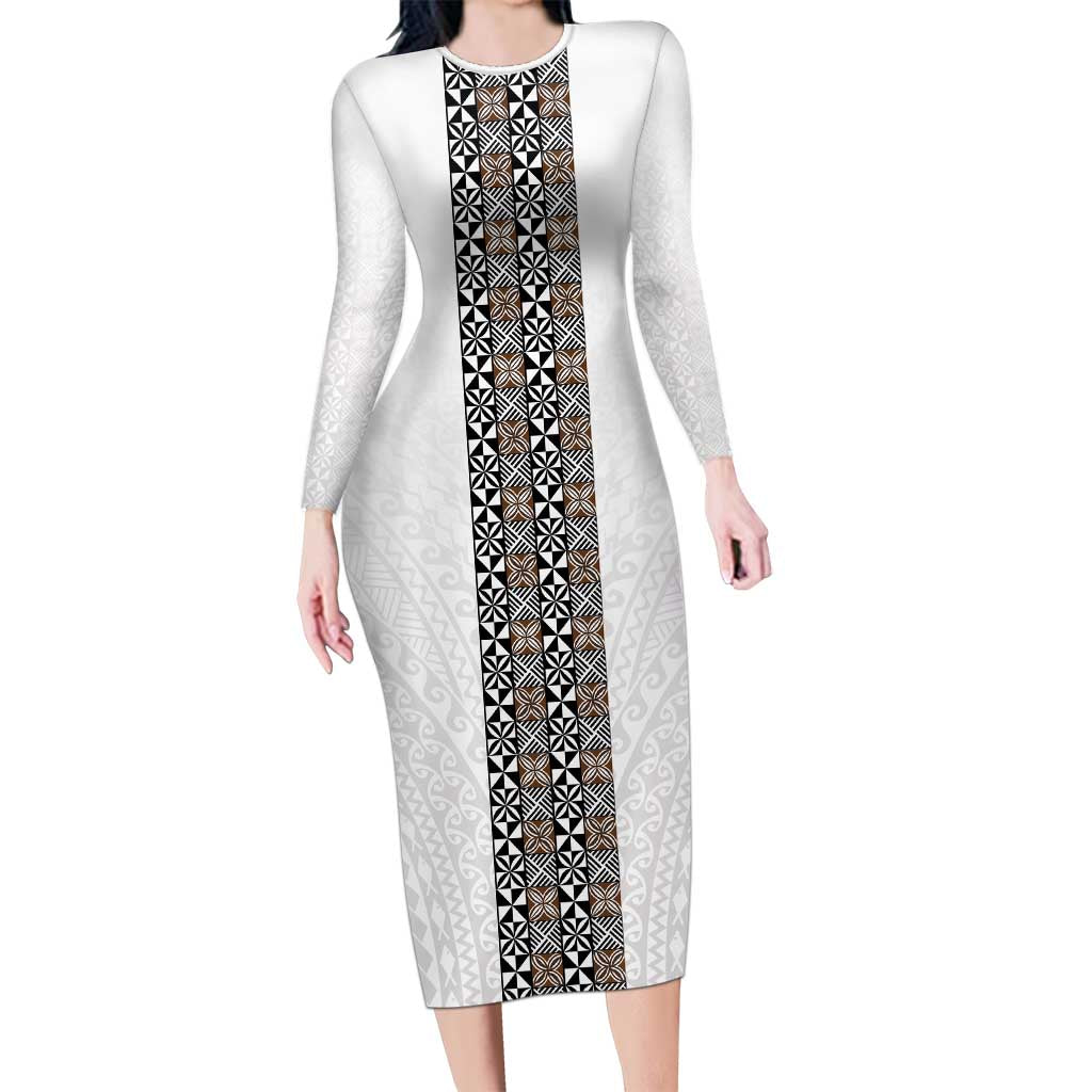 Light Gray Tongan Polynesian Tribal Long Sleeve Bodycon Dress - Polynesian Pride