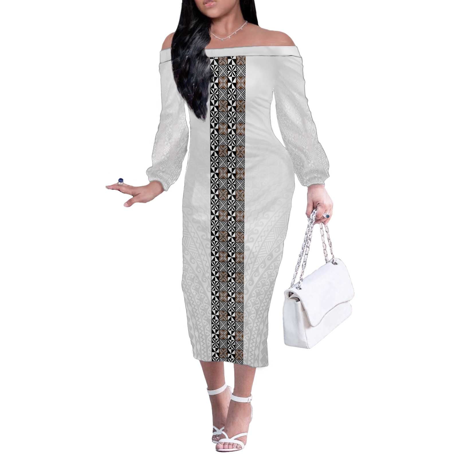 Light Gray Tongan Polynesian Tribal Off The Shoulder Long Sleeve Dress - Polynesian Pride