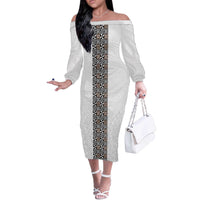 Light Gray Tongan Polynesian Tribal Off The Shoulder Long Sleeve Dress - Polynesian Pride