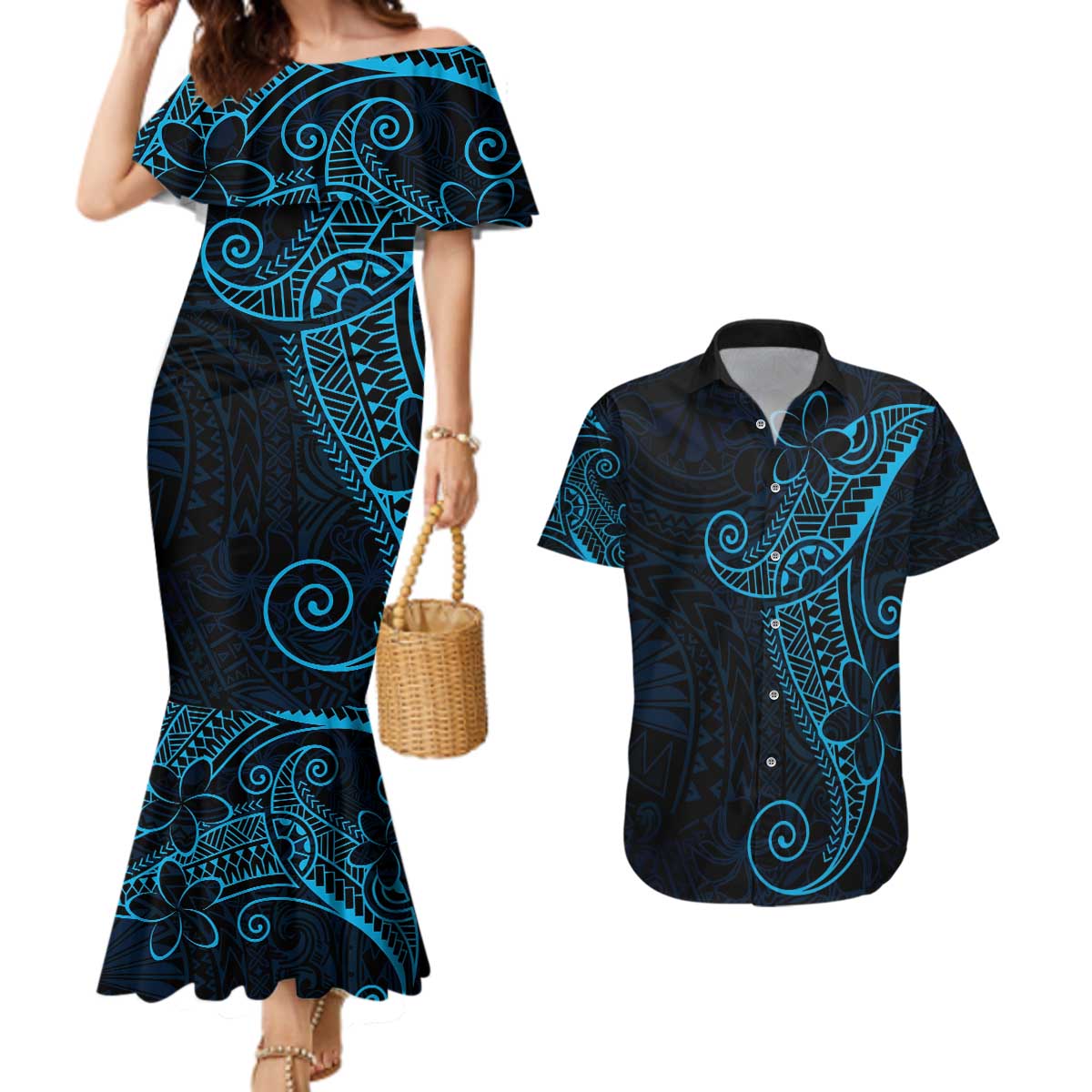 Black Blue Polynesian Tribal Couples Matching Mermaid Dress and Hawaiian Shirt LT9 Blue - Polynesian Pride