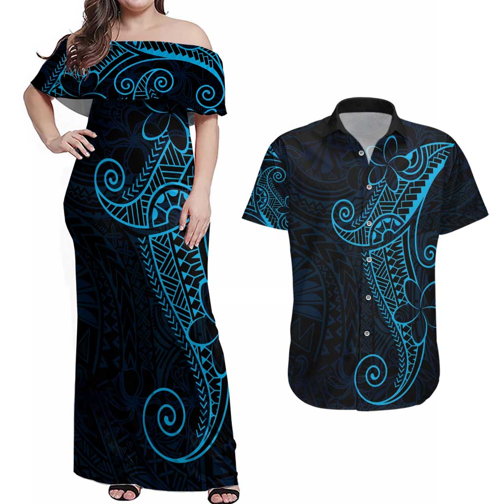 Black Blue Polynesian Tribal Couples Matching Off Shoulder Maxi Dress and Hawaiian Shirt LT9 Blue - Polynesian Pride