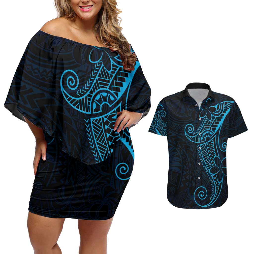 Black Blue Polynesian Tribal Couples Matching Off Shoulder Short Dress and Hawaiian Shirt LT9 Blue - Polynesian Pride