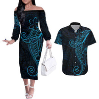 Black Blue Polynesian Tribal Couples Matching Off The Shoulder Long Sleeve Dress and Hawaiian Shirt - Polynesian Pride