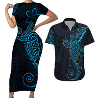 Black Blue Polynesian Tribal Couples Matching Short Sleeve Bodycon Dress and Hawaiian Shirt LT9 Blue - Polynesian Pride