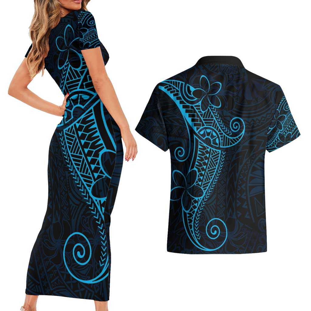 Black Blue Polynesian Tribal Couples Matching Short Sleeve Bodycon Dress and Hawaiian Shirt LT9 - Polynesian Pride