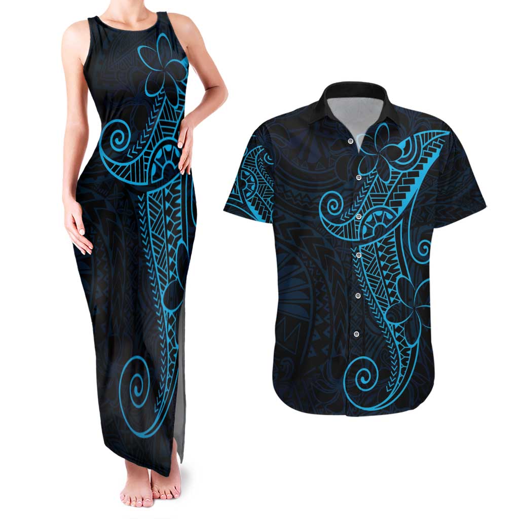 Black Blue Polynesian Tribal Couples Matching Tank Maxi Dress and Hawaiian Shirt LT9 Blue - Polynesian Pride