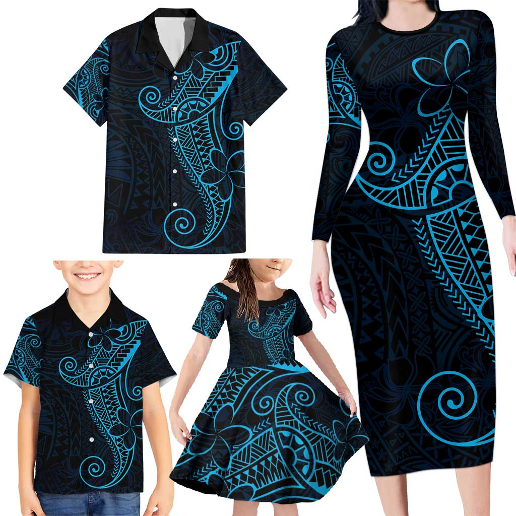 Black Blue Polynesian Tribal Family Matching Long Sleeve Bodycon Dress and Hawaiian Shirt LT9 - Polynesian Pride