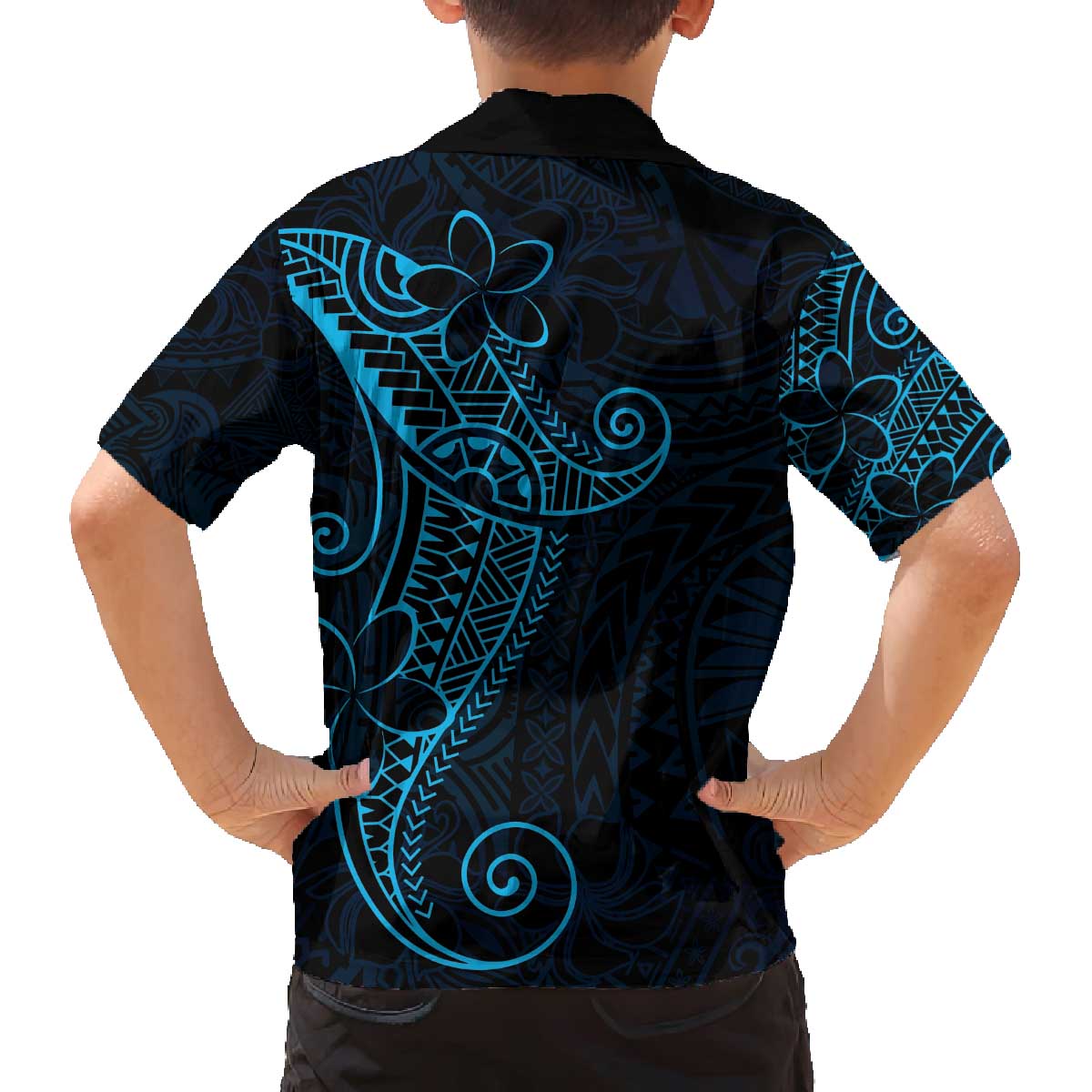 Black Blue Polynesian Tribal Family Matching Off The Shoulder Long Sleeve Dress and Hawaiian Shirt - Polynesian Pride