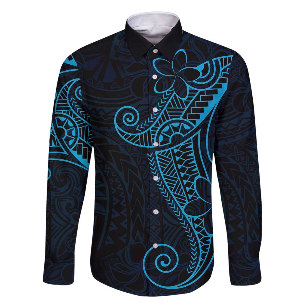 Black Blue Polynesian Tribal Family Matching Off Shoulder Maxi Dress and Hawaiian Shirt LT9 Dad's Shirt - Long Sleeve Blue - Polynesian Pride