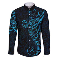 Black Blue Polynesian Tribal Family Matching Off Shoulder Maxi Dress and Hawaiian Shirt LT9 Dad's Shirt - Long Sleeve Blue - Polynesian Pride