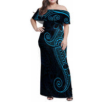 Black Blue Polynesian Tribal Family Matching Off Shoulder Maxi Dress and Hawaiian Shirt LT9 Mom's Dress Blue - Polynesian Pride