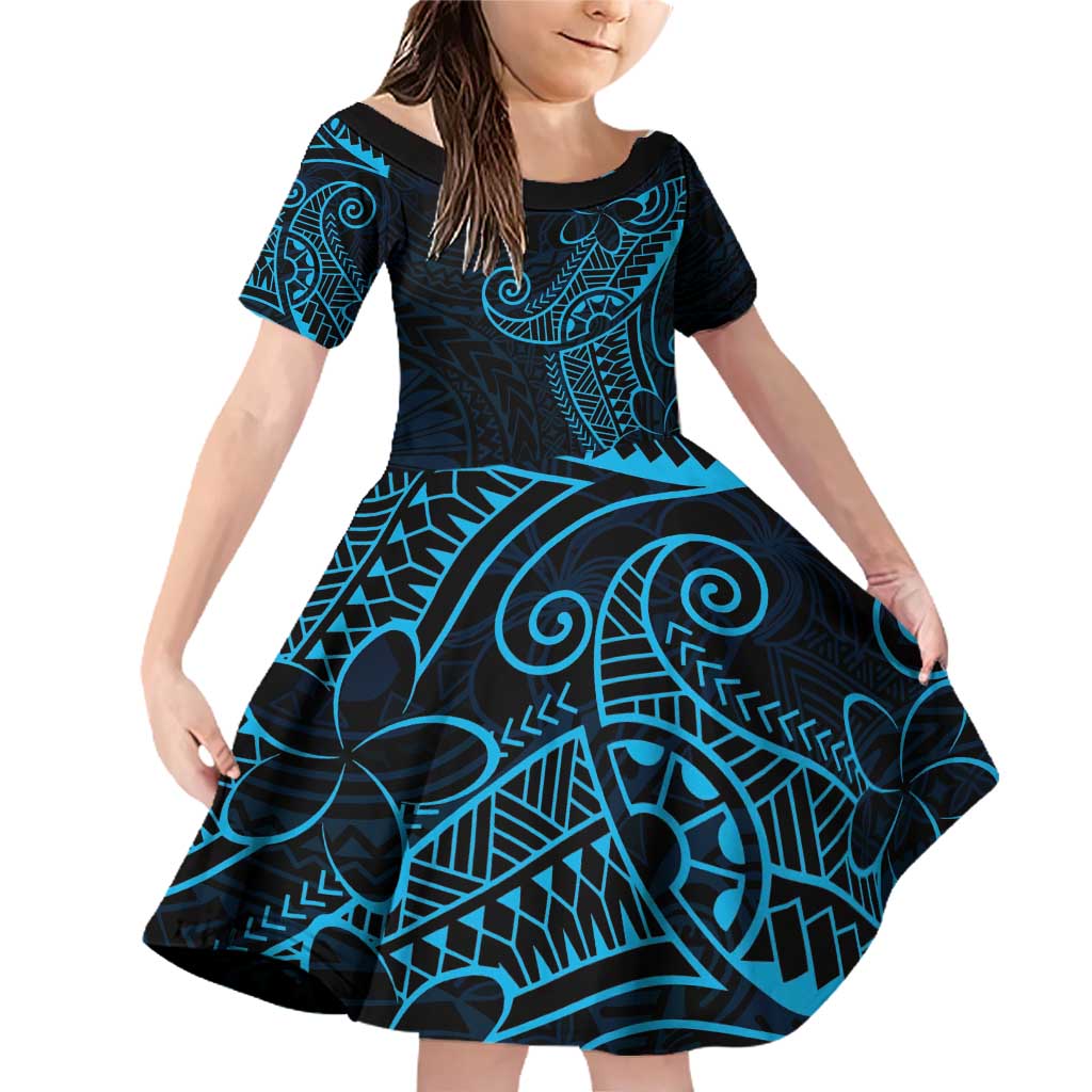 Black Blue Polynesian Tribal Family Matching Off Shoulder Short Dress and Hawaiian Shirt - Polynesian Pride