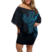 Black Blue Polynesian Tribal Family Matching Off Shoulder Short Dress and Hawaiian Shirt - Polynesian Pride