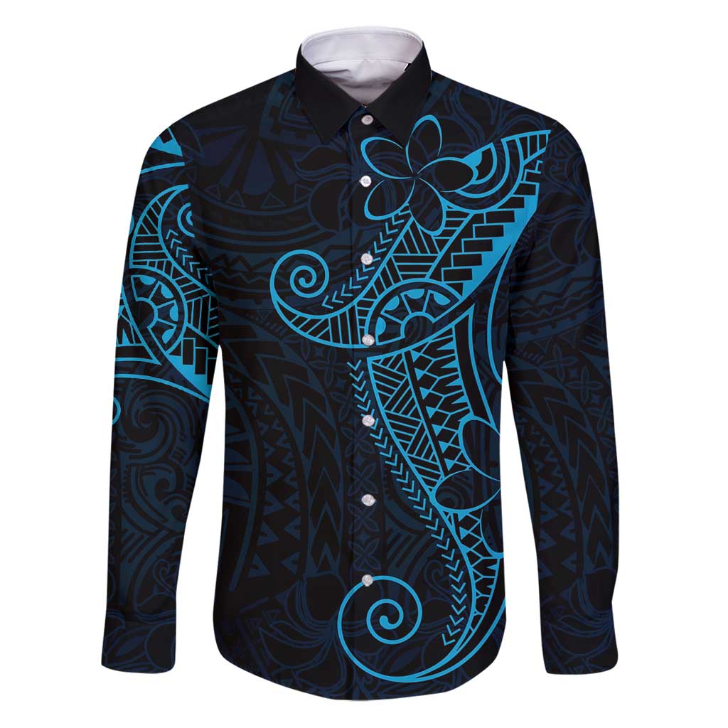 Black Blue Polynesian Tribal Family Matching Puletasi and Hawaiian Shirt LT9 Dad's Shirt - Long Sleeve Blue - Polynesian Pride