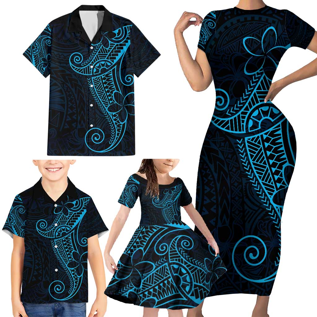Black Blue Polynesian Tribal Family Matching Short Sleeve Bodycon Dress and Hawaiian Shirt LT9 - Polynesian Pride