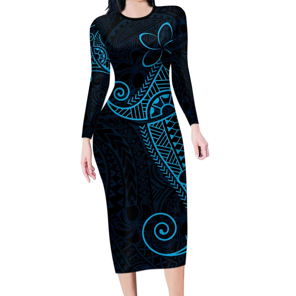 Black Blue Polynesian Tribal Long Sleeve Bodycon Dress - Polynesian Pride