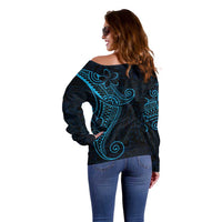Black Blue Polynesian Tribal Off Shoulder Sweater - Polynesian Pride