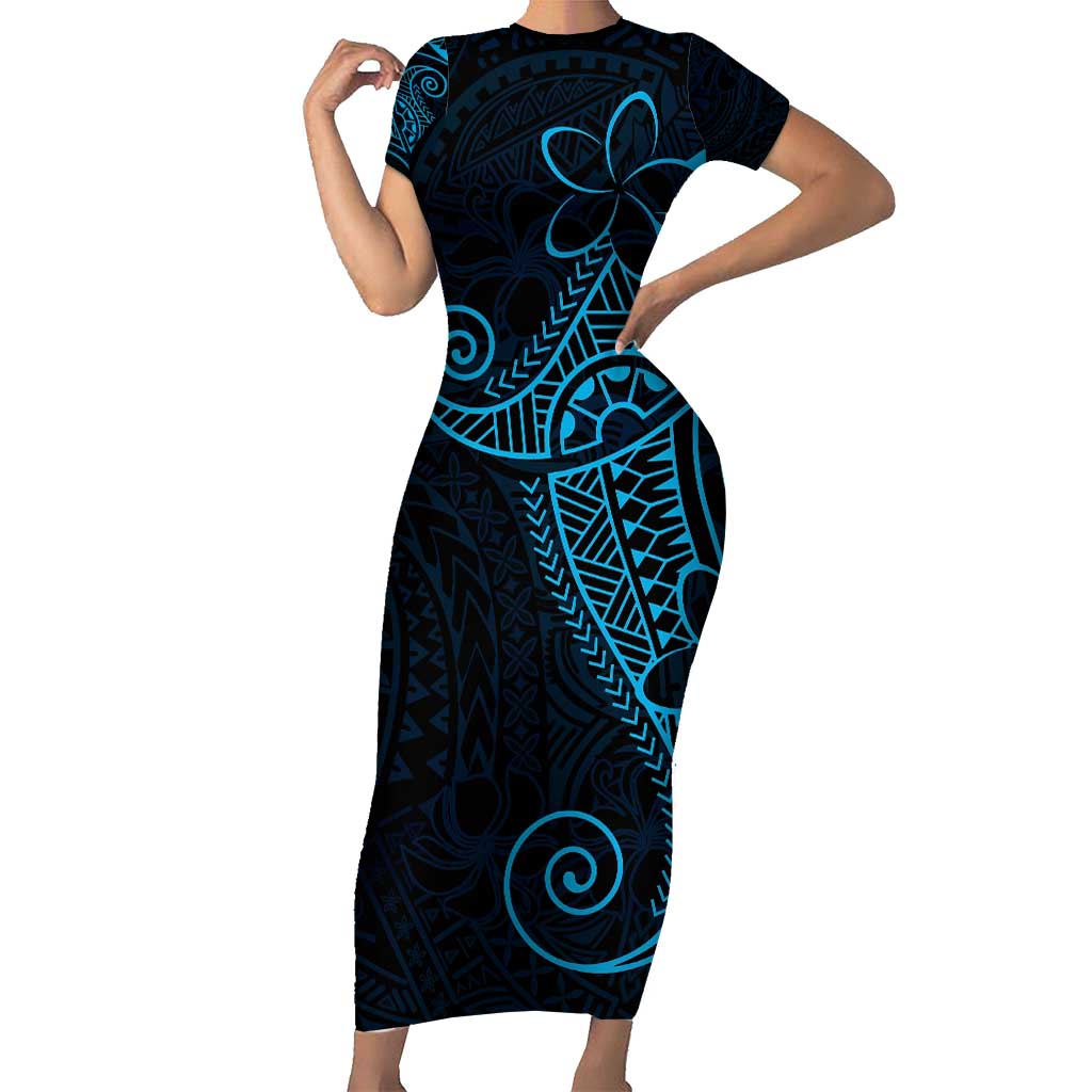 Black Blue Polynesian Tribal Short Sleeve Bodycon Dress - Polynesian Pride