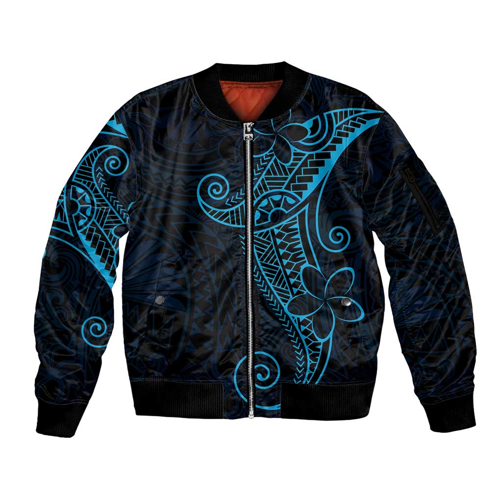Black Blue Polynesian Tribal Sleeve Zip Bomber Jacket LT9 Unisex Blue - Polynesian Pride