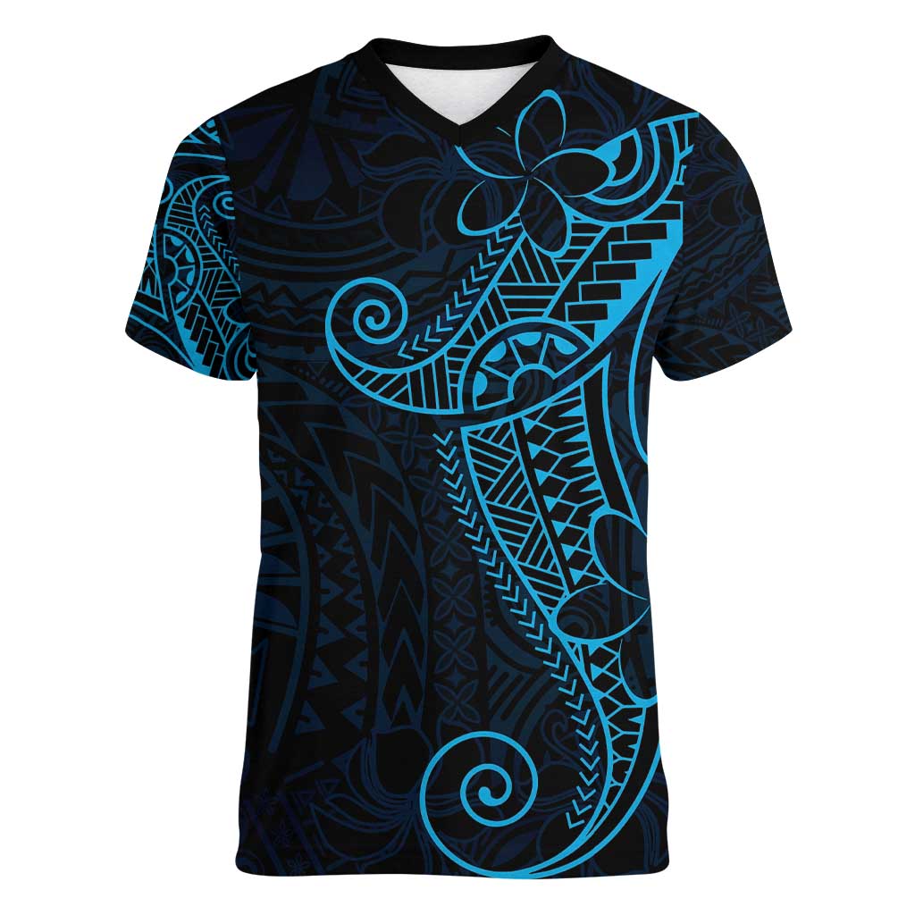 Black Blue Polynesian Tribal Women V-Neck T-Shirt LT9 Female Blue - Polynesian Pride