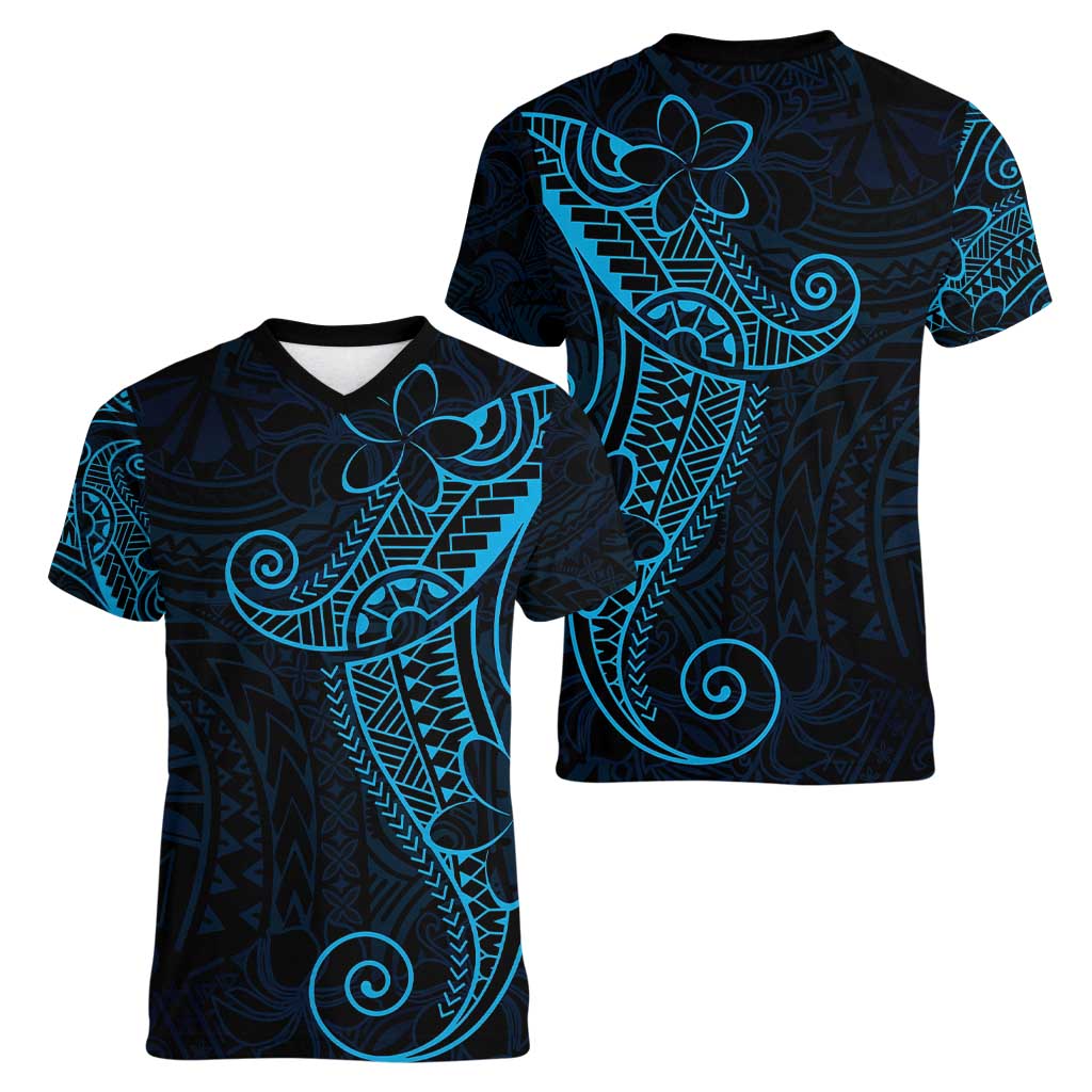Black Blue Polynesian Tribal Women V-Neck T-Shirt LT9 - Polynesian Pride