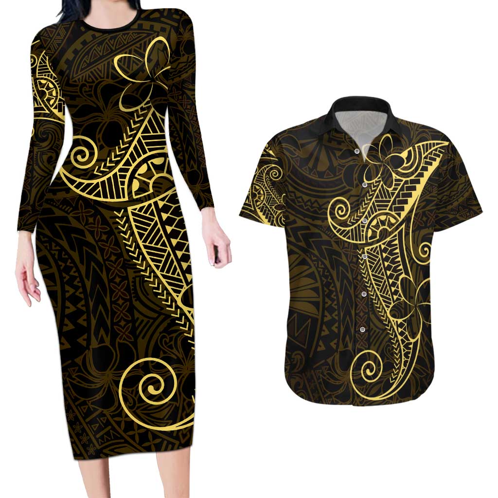 Black Gold Polynesian Tribal Couples Matching Long Sleeve Bodycon Dress and Hawaiian Shirt LT9 Gold - Polynesian Pride