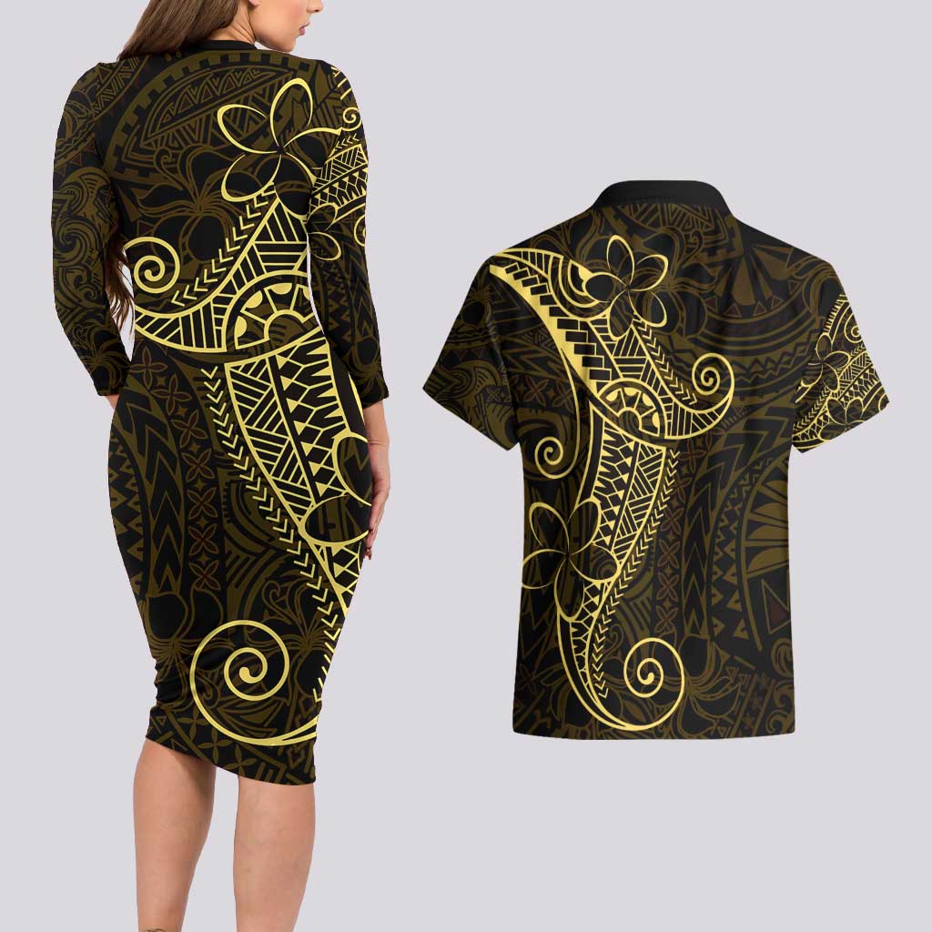 Black Gold Polynesian Tribal Couples Matching Long Sleeve Bodycon Dress and Hawaiian Shirt LT9 - Polynesian Pride