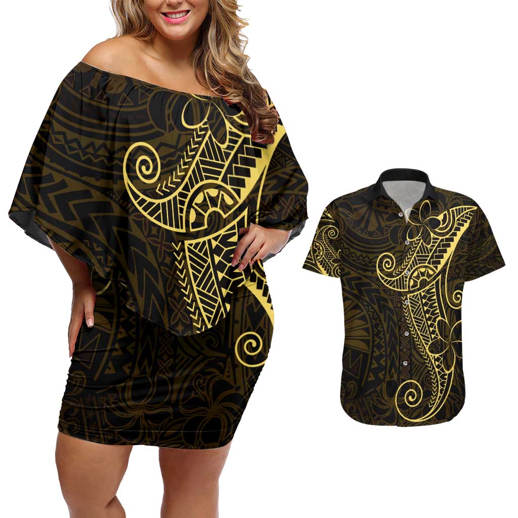 Black Gold Polynesian Tribal Couples Matching Off Shoulder Short Dress and Hawaiian Shirt LT9 Gold - Polynesian Pride