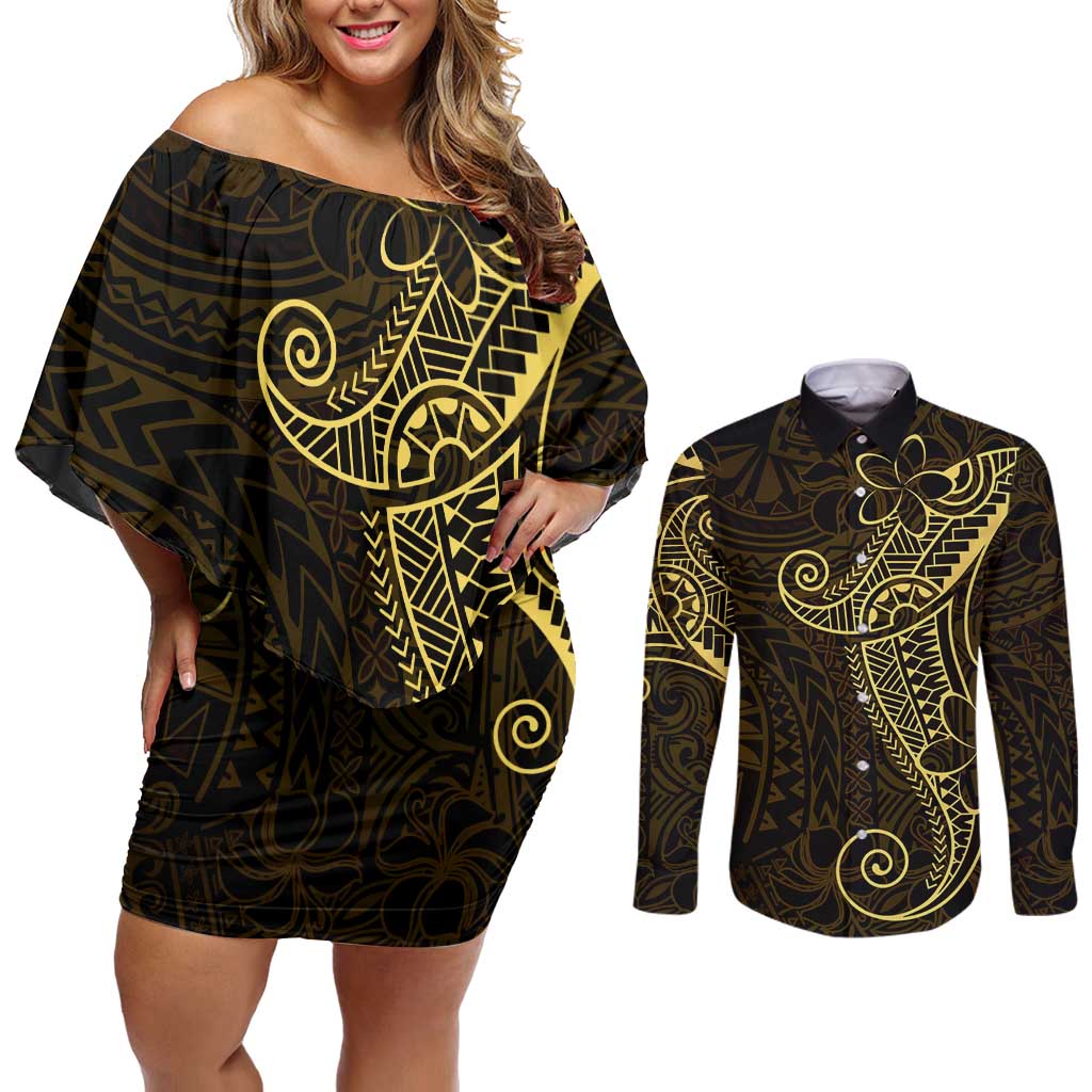 Black Gold Polynesian Tribal Couples Matching Off Shoulder Short Dress and Long Sleeve Button Shirt LT9 Gold - Polynesian Pride