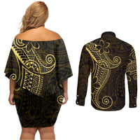 Black Gold Polynesian Tribal Couples Matching Off Shoulder Short Dress and Long Sleeve Button Shirt - Polynesian Pride