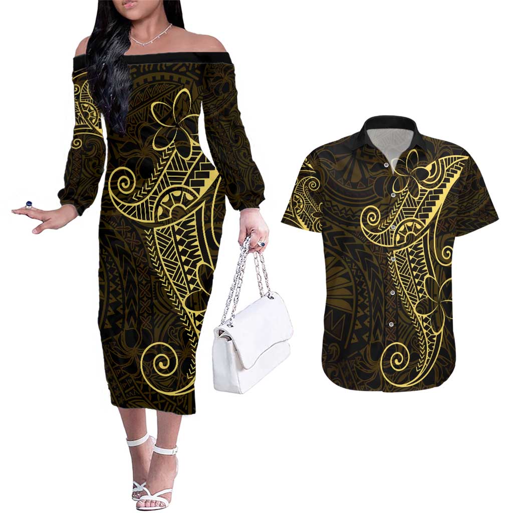 Black Gold Polynesian Tribal Couples Matching Off The Shoulder Long Sleeve Dress and Hawaiian Shirt - Polynesian Pride