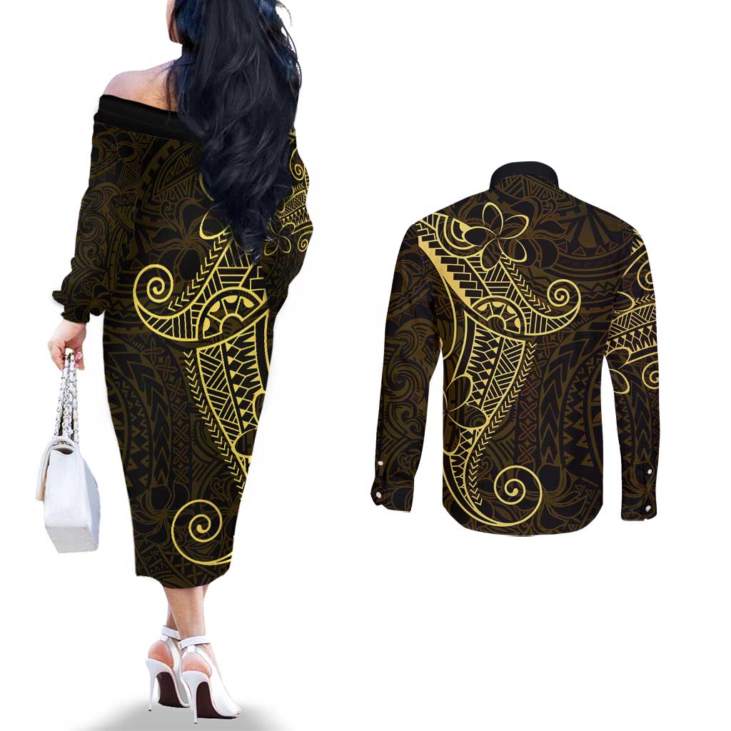 Black Gold Polynesian Tribal Couples Matching Off The Shoulder Long Sleeve Dress and Long Sleeve Button Shirt LT9 - Polynesian Pride