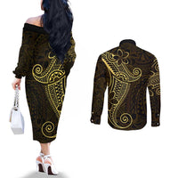Black Gold Polynesian Tribal Couples Matching Off The Shoulder Long Sleeve Dress and Long Sleeve Button Shirt LT9 - Polynesian Pride